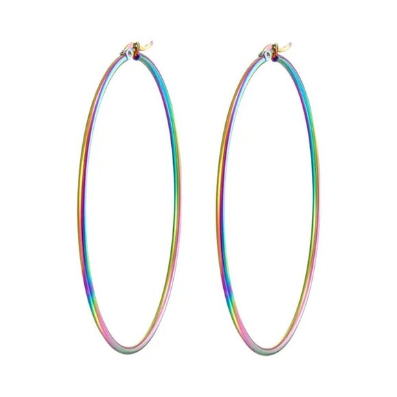 NWT Large Hoop Earrings Titanium Rainbow Steel Multicolor - Picture 4 of 11